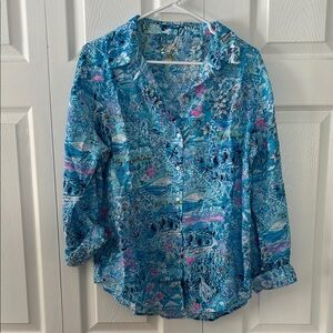 Lilly Pulitzer Linen Floral Button-Down Shirt Sz L